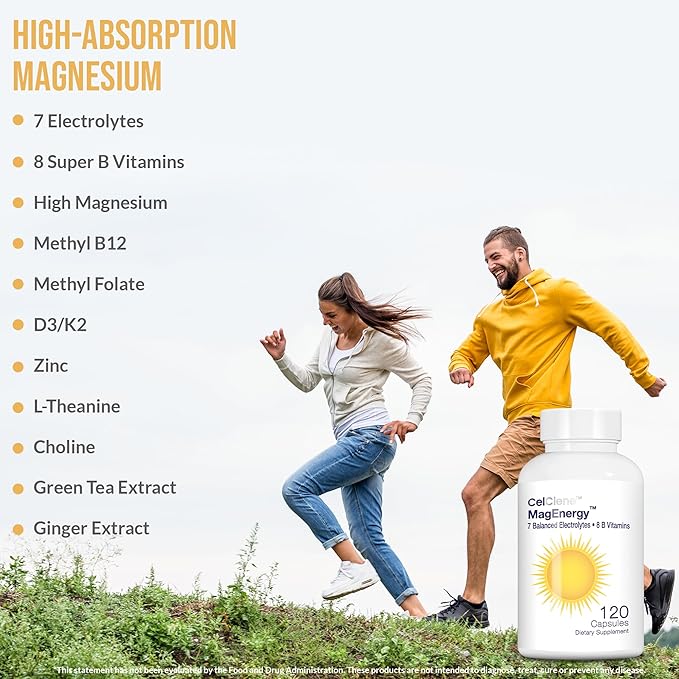MagEnergy 7 Electrolytes, 8 Super B Vitamins, High Magnesium, High Methyl B12, Methyl Folate, D3/K2, Biotin, Zinc for Hydration, Energy, L-Theanine, Choline, Green Tea, Ginger Extracts