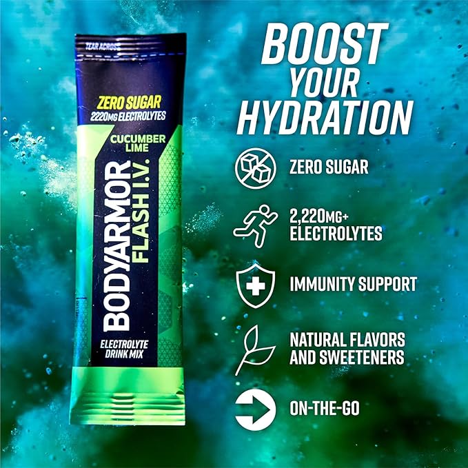 BODYARMOR Flash IV Electrolyte Packets, Cucumber Lime - Zero Sugar Drink Mix, Single Serve Packs, Coconut Water Powder, Hydration for Workout, Travel Essentials, Just Add Sticks to Liquid (15 Count)
