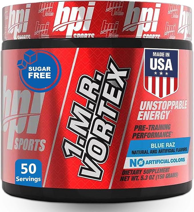 BPI Sports 1.M.R Vortex Pre Workout Powder – High Stim Preworkout for Men & Women with Glycerol, Caffeine, Niacin, and Herbal Extracts – Energy, Focus & Endurance – Blue Raz Flavor – 50 Servings