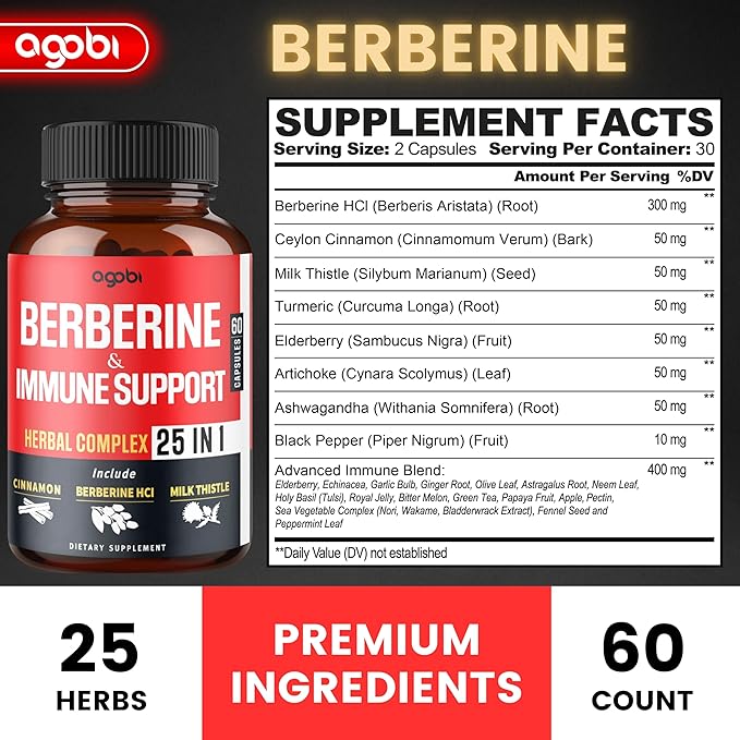 Premium Berberine Supplement with Ceylon, Ashwagandha, Turmeric, Milk Thistle, Elderberry & Black Pepper - Supports Immune System, Cardiovascular & Gastrointestinal - 60 Capsules
