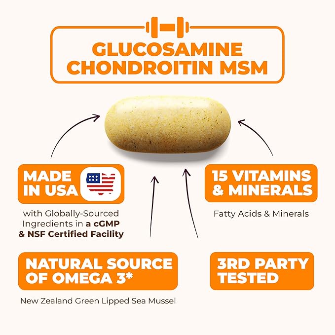Glucosamine Chondroitin MSM Joint Support Supplement with Glucosamine Sulfate 1000 mg Plus 15 Nourishing Joint Complex Vitamins - Premium Joint Health MSM Supplement for Women and Men - 60 Tablets