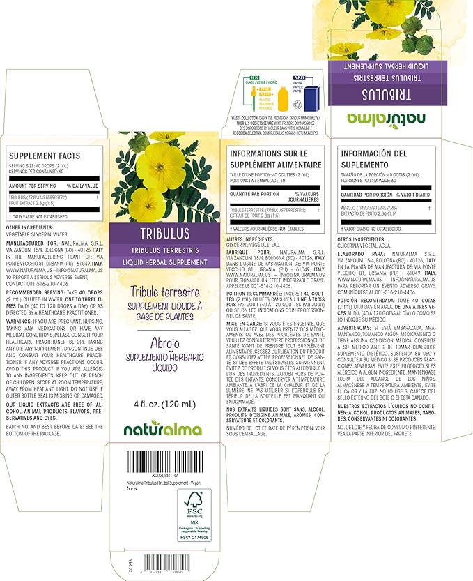 Naturalma Tribulus (Tribulus terrestris) Fruit Alcohol-Free Tincture - 4 fl oz Liquid Extract in Drops - Herbal Supplement - Vegan