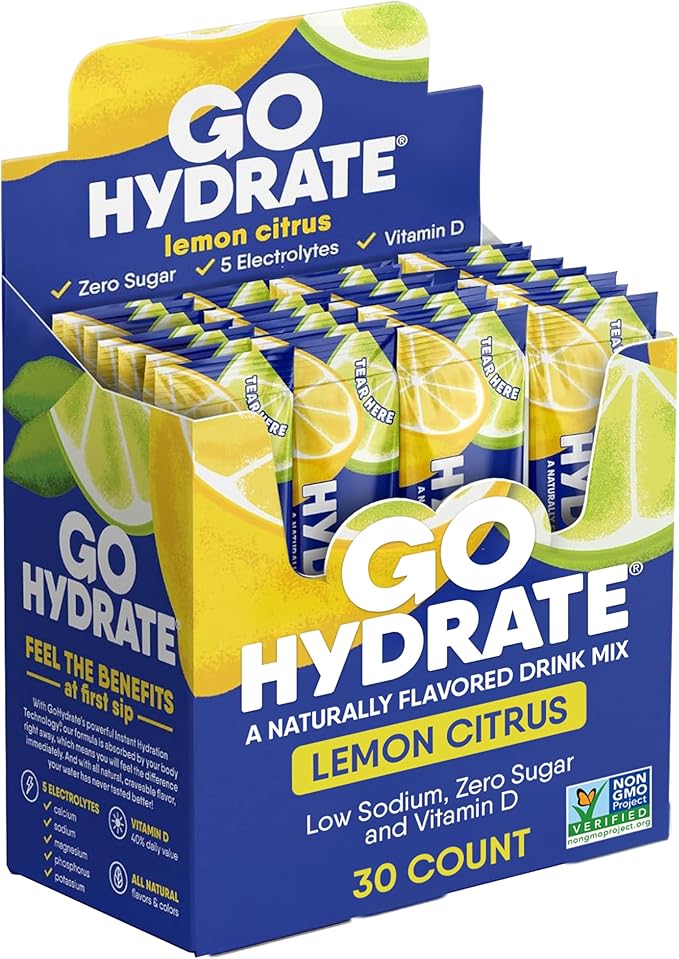 GoHydrate Instant Hydration Powder Packets - Low Sodium Electrolytes Drink Mix - Natural Hydration Support, Sugar Free Electrolyte Flavored Powder Drink with Vitamin D, 30 Packs, Lemon Citrus