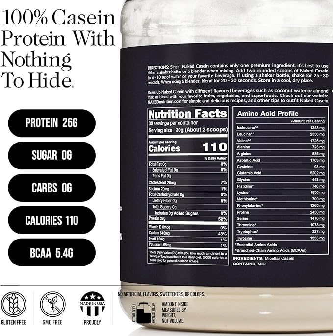 NAKED Casein - 2Lb Micellar Casein Protein - Bulk, GMO-Free, Gluten Free, Soy Free, Preservative Free - Stimulate Muscle Growth - Enhance Recovery - 30 Servings
