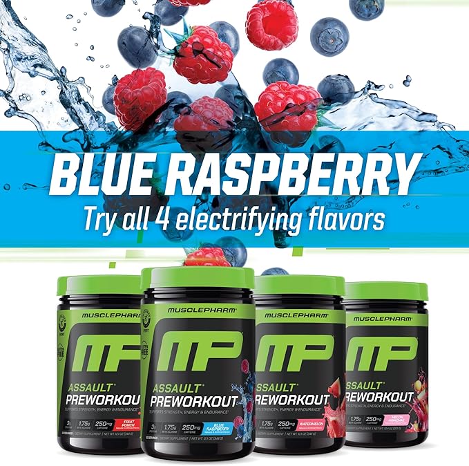 Muscle Pharm Assault Energy & Strength Pre Workout Powder for Men & Women with Beta Alanine, Caffeine, Creatine & Betaine Anhydrous, Pre-Workout Supplements, 30 Servings, Blue Raspberry Flavor