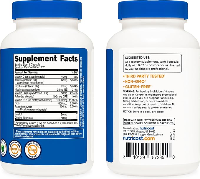 Nutricost High Potency Vitamin B Complex 462mg, 120 Capsules - with Vitamin C - Energy Complex