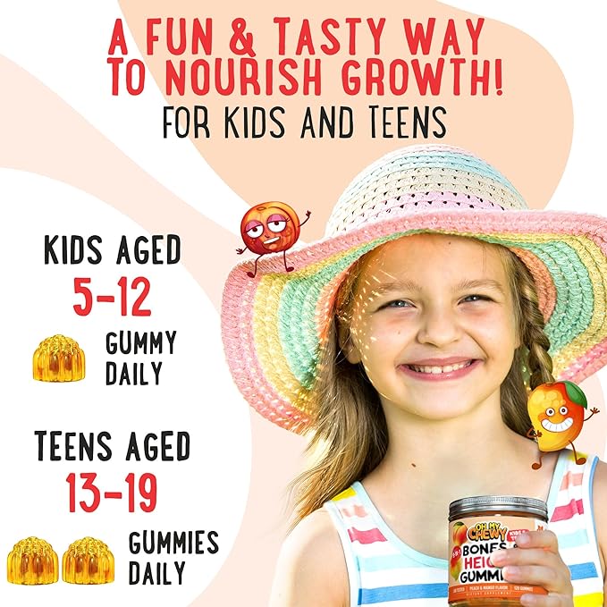 Center-Filled Height Growth Increase Gummies - Grow Taller Supplement Vitamins for Kids & Teens with Calcium, Astragalus, D3, K2, L-Arginine, Glutamine & Omithine HCI - 60 Count