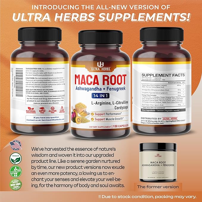 Peruana Maca Root Black, Red, Yellow | Maca Root Capsules Enhanced with Ginseng, Ashwagandha, Fenugreek | Support Stamina, Performance & Mood | 150 Capsules