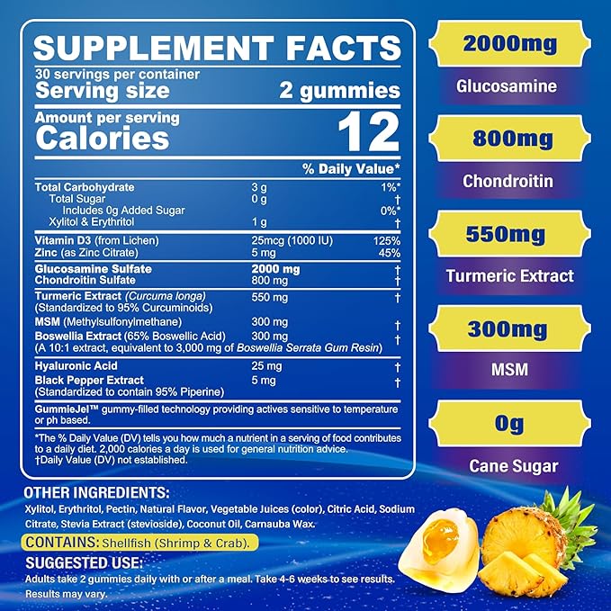 Sugar Free Glucosamine Filled Gummies 2000MG - Glucosamine Chondroitin MSM Supplement - Plus Turmeric, Boswellia, Hyaluronic Acid & Vitamin D3, Mobility, Comfort, Flexibility & Bone Support, 60Cts
