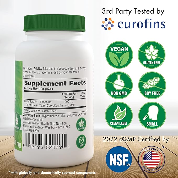 Health Thru Nutrition L-Theanine 200mg 60 Vegecaps PhytoSure Certified | Supports Healthy Relaxation & Focus | 3rd Party Tested | Clean Label, Non-GMO, Gluten & Soy Free, Hypoallergenic