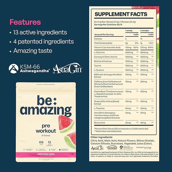Be Amazing Pre-Workout Powder | Vegan Energy Booster Powdered Drink with All-Natural Caffeine, No Crash, No Jitters Gluten-Free Supplement with Adaptogens | Watermelon Candy, 30 Scoops