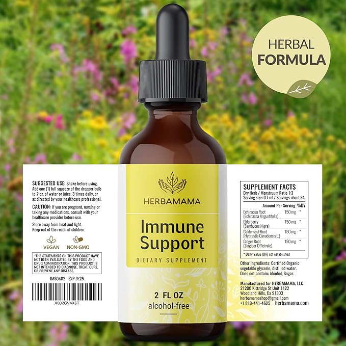 HERBAMAMA Liquid Immune Support Drops - Vegan Echinacea Goldenseal Tincture with Ginger Root & Elderberry - Non-GMO, Alcohol & Sugar-Free Supplement with Immune Support Herbs, 28-Day Supply