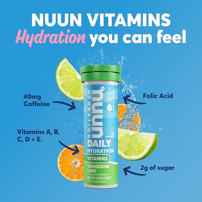 Nuun Vitamins Electrolyte Tablets with Vitamin D, C, E, A, & B6, Folic Acid, Magnesium & 4 Other Essential Electrolytes, Gluten Free & Vegan, Tangerine Lime, 8 Pack (96 Servings Total)