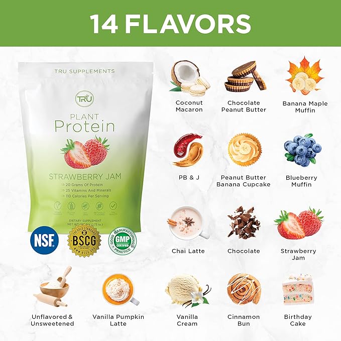 TRU Supplements Plant Based Protein Powder, BCAA, EAA, 20g Vegan Brown Rice & Pea Protein, 100 Calories, 27 Vitamins, No Artificial Flavors 25 Servings (Strawberry Jam)