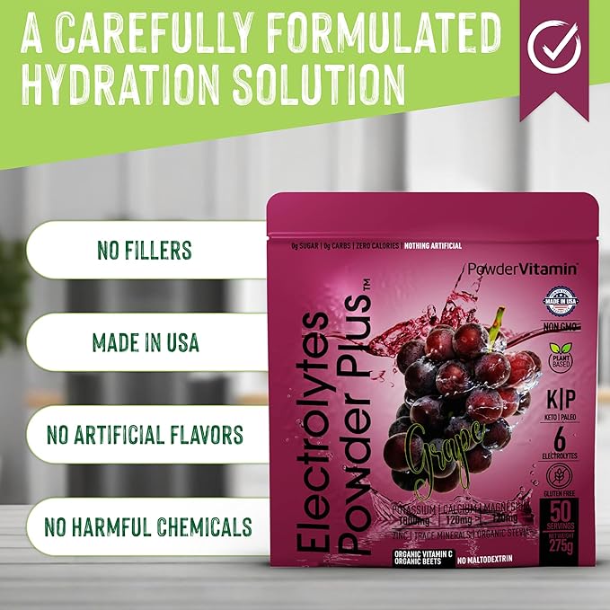 Electrolytes Powder Plus (50 Servings) Grape Electrolyte Powder Zero Calorie Keto, 0 Sugar, No Maltodextrin,1000mg Potassium,120mg Calcium,120mg Magnesium, Hydration Powder