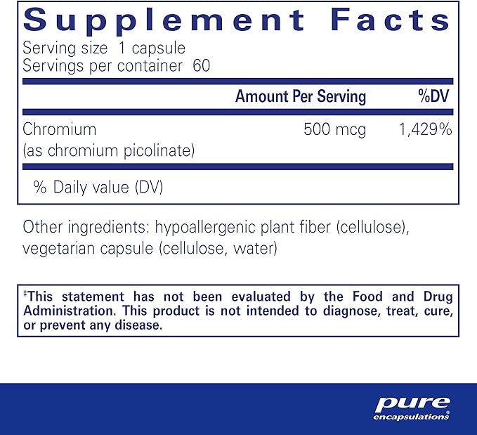 Pure Encapsulations Chromium (Picolinate) 500 mcg - for Lipid & Carbohydrate Metabolism* - Mineral Supplement - Superior Absorption Chromium Supplement - Vegan & Gluten Free - 60 Capsules