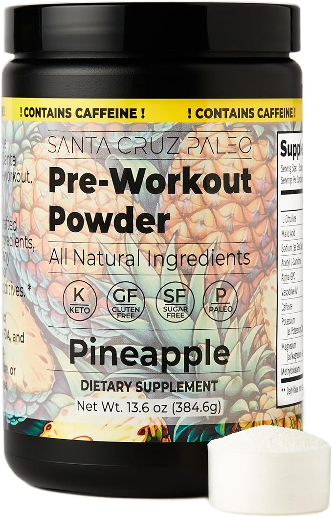 Santa Cruz Paleo Natural Pre Workout Powder, Pineapple, Keto Preworkout with Electrolytes, Magnesium, Potassium, L-Citrulline, 150mg Caffeine, Sugar Free Drink Mix for Energy & Hydration, 30 Servings