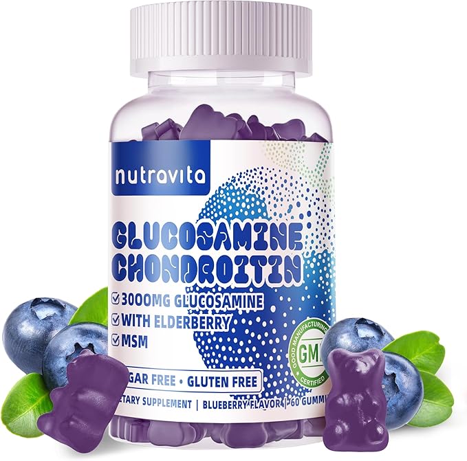 Glucosamine Chondroitin Gummies with MSM & Elderberry Extra Strength - Joint Support, Antioxidant Immune Support Supplement for Adults, Men & Women.60 Blueberry Chews