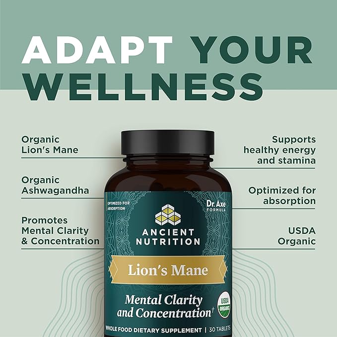 Organic Lion's Mane Mushroom Supplement with Ashwagandha by Ancient Nutrition, Organic Lion's Mane Supports Healthy Energy and Concentration, Reduces Fatigue, Gluten Free and Keto Friendly, 30 Tablets