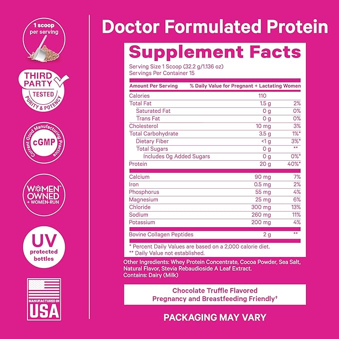 Pink Stork Pregnancy and Postpartum Protein Powder - 20 g Chocolate Whey and Collagen Protein - Prenatal, Postnatal & Lactation Support, Breastfeeding Essentials - 15 Servings