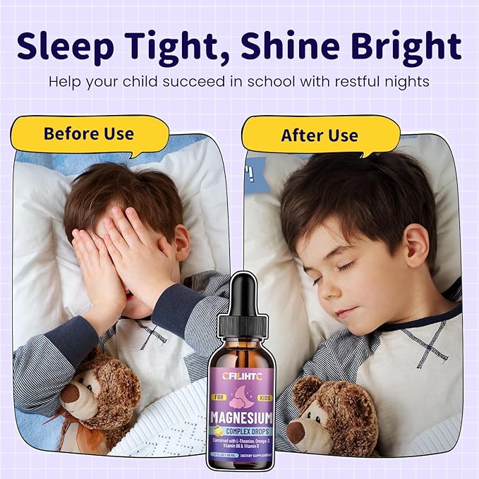 Kids Magnesium Liquid Drops-Magnesium Glycinate Liquid for Kids Supplement-w/L-theanine, Omega-3, Vitamin B6, D3 - for Sleep, Relaxation, Brain, Bones - Lemon Flavor, 2 Fl Oz