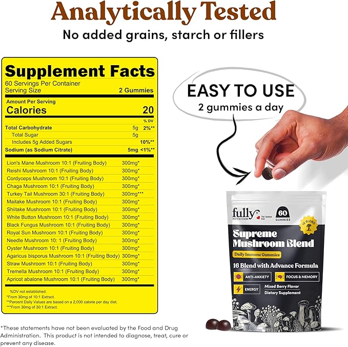 16 in 1 Blend Mushrooms Gummies for Adults - Lion's Mane Mushroom Supplement, Focus Gummies with Lions Mane, Lion's Mane Gummies for Adults, Natural Mushroom Supplement for Cognitive Support & Clarity