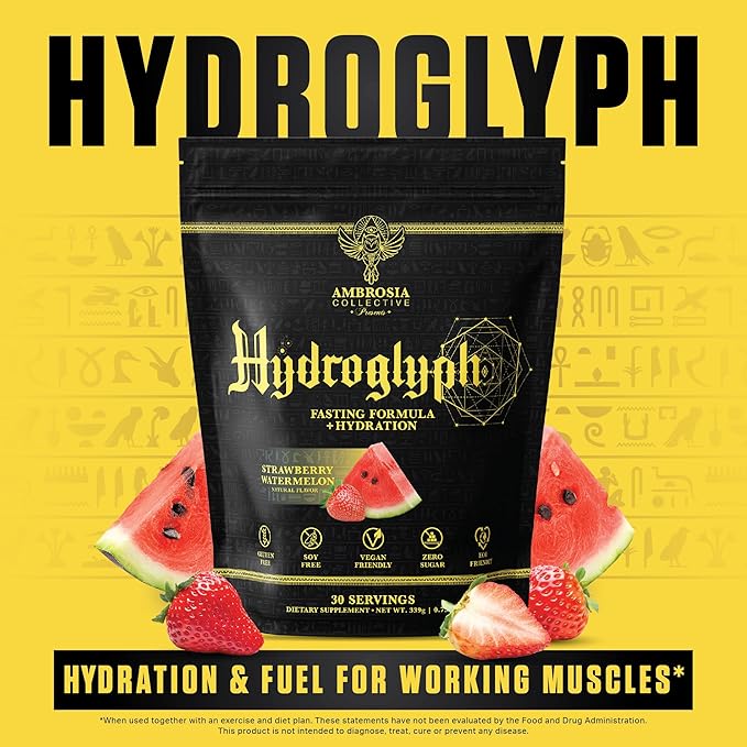 Ambrosia Hydroglyph Intraworkout Formula w/BCAA + EAA + Electrolytes Hydration Powder to Protect Lean Muscle, 0g Sugar Fasting Hydration Drink Mix, Made w/Coconut Water (Strawberry Watermelon)