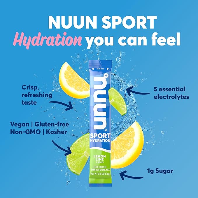 Nuun Sport Electrolyte Powder Packets with Magnesium, Calcium, Potassium, Chloride, and Sodium, Hydration Packets for On-The-Go, Lemon Lime Flavor, Gluten Free & Vegan, 16 Single Servings