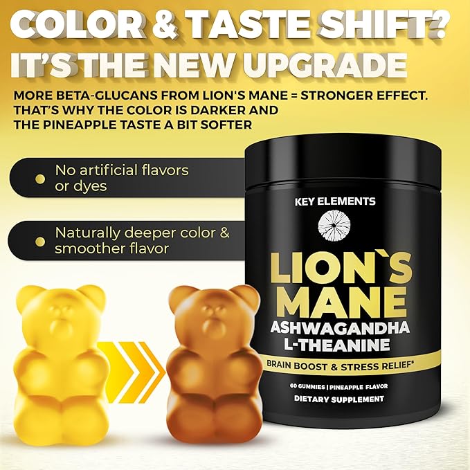 KEY ELEMENTS High Strength Extract Organic Lion's Mane Mushroom Gummies with Ashwagandha & L-Theanine - Potent Lion's Mane Brain Supplements for Memory & Relaxation - Mushroom Gummies for Focus