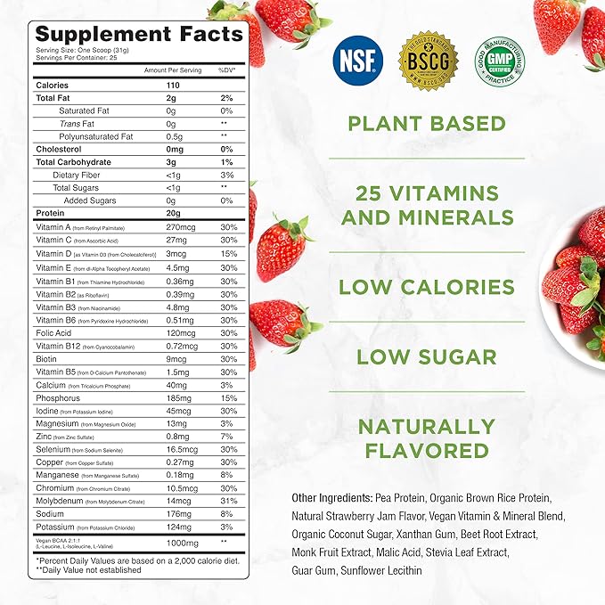 TRU Supplements Plant Based Protein Powder, BCAA, EAA, 20g Vegan Brown Rice & Pea Protein, 100 Calories, 27 Vitamins, No Artificial Flavors 25 Servings (Strawberry Jam)