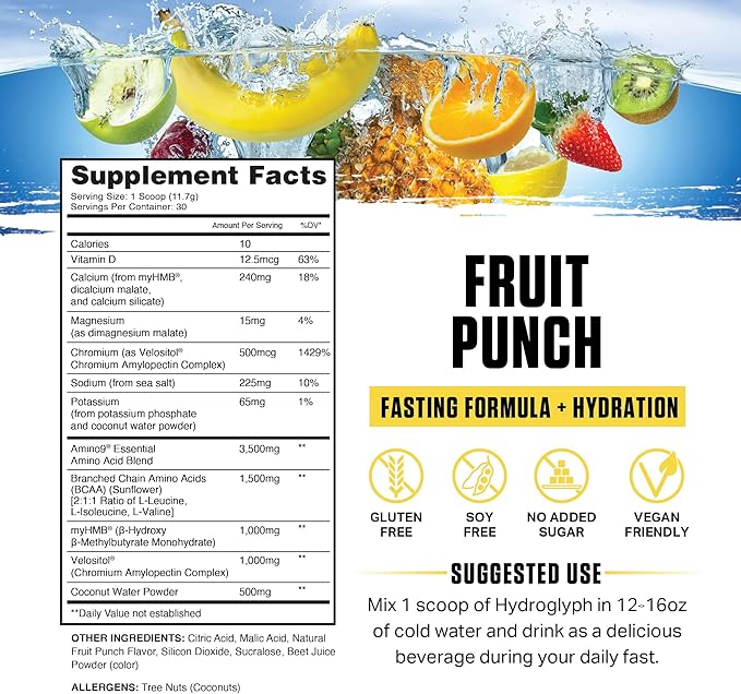 Ambrosia Hydroglyph Intraworkout Formula w/BCAA + EAA + Electrolytes Hydration Powder to Protect Lean Muscle, 0g Sugar Fasting Hydration Drink Mix, Made w/Coconut Water (Fruit Punch)