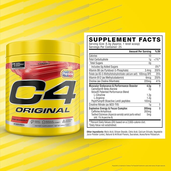 C4 Original Pre Workout – POPSICLE Cherry - Pre-Workout for Endurance, Focus & Performance with 200mg Caffeine, Beta-Alanine, Creatine Nitrate, L-Arginine & PeptiPump – Sugar Free, 25 Servings