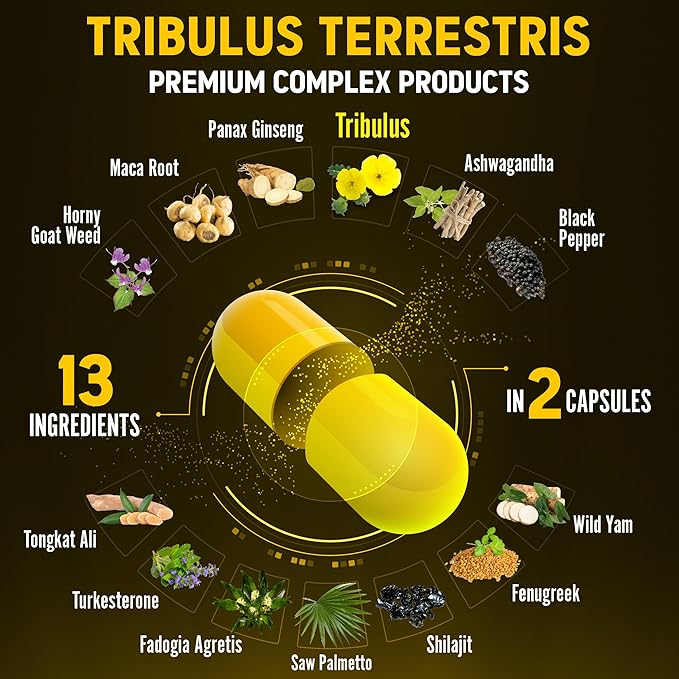 Zolotus 13in1 Tribulus Terrestris Capsules with Maca, Horny Goat Weed, Panax Ginseng, Saw Palmetto, Tongkat Ali, Shilajit & More - Energy, Stamina Supplement for Men & Women - 120 Counts