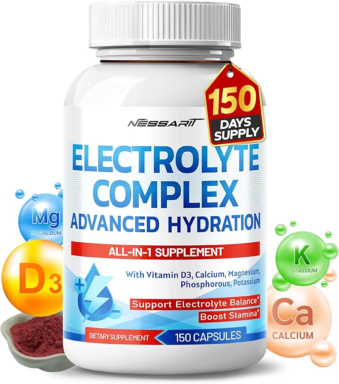 Electrolyte Complex - Advanced Hydration with Vitamin D3, Calcium, Magnesium, Phosphorus, Potassium - 150 Count - Made & Tested in The USA