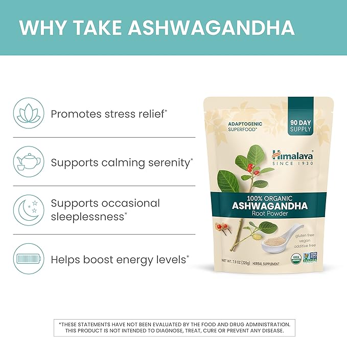 Himalaya Organic Ashwagandha Powder, Adaptogenic Superfood for Protein Shakes & Smoothies, 7.9 oz, 3 Month Supply