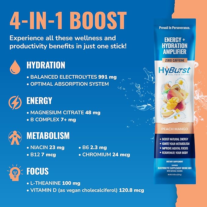 Hyburst Electrolytes Powder Packets with 13 Esstential Nutrients, Improve Energy, 100mg L-Theanine Nootropics, Non-GMO, Vegan, Gluten Free, Peach Mango Drink Mix, 15 Sticks
