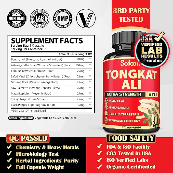 Satoomi 9in1 Tongkat Ali Root Extract - Ashwagandha, Tribulus Terrestris - 90 Capsules for 3 Months - Support Strength, Energy & Healthy Immune