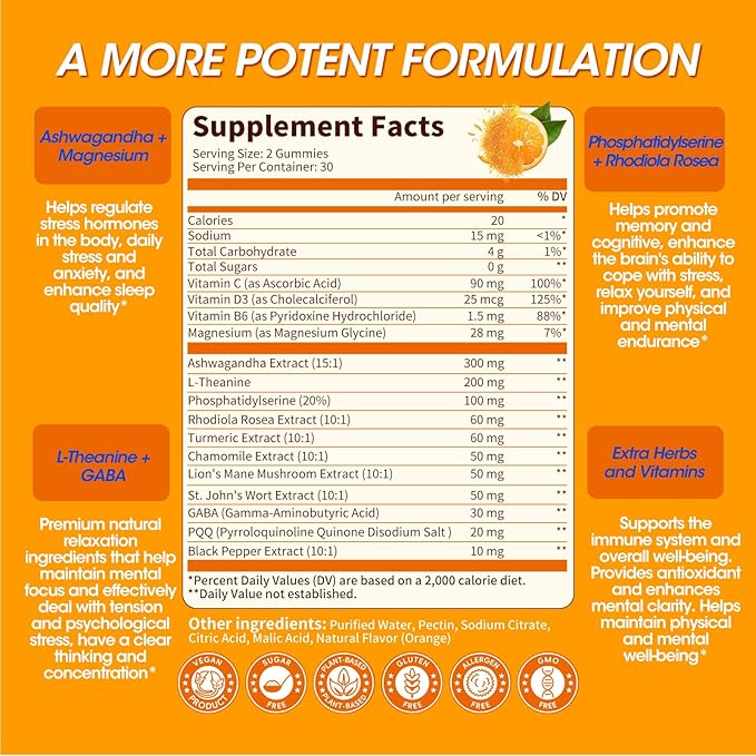 Cortisol Supplements for Women & Men, 15-in-1 Calm Cortisol Gummies with Ashwagandha, Magnesium, L-theanine, GABA, Phosphatidylserine, Vitamin C, D3, B6 for Mood, Sleep, Focus Support - Vegan, 1 Pack