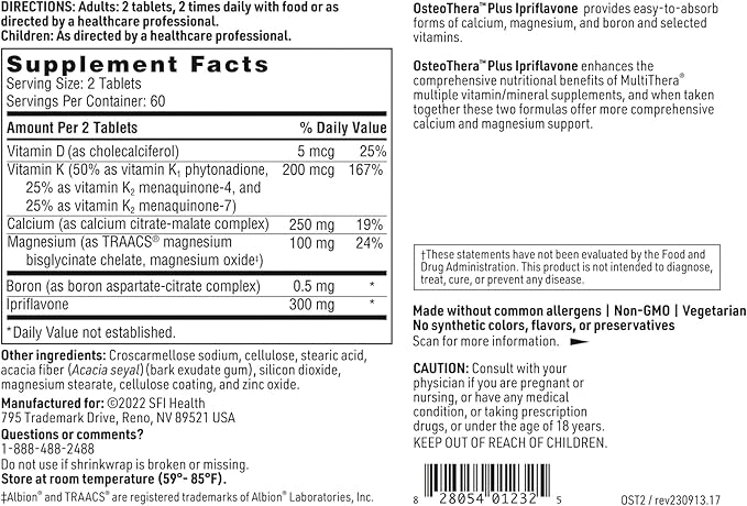Klaire Labs Osteothera Plus Ipriflavone Tablets - Hypoallergenic & Multifactorial Calcium Complex & Isoflavone Derivative Bone Support Formula with Vitamin K, D3, Magnesium & Boron (120 Tablets)