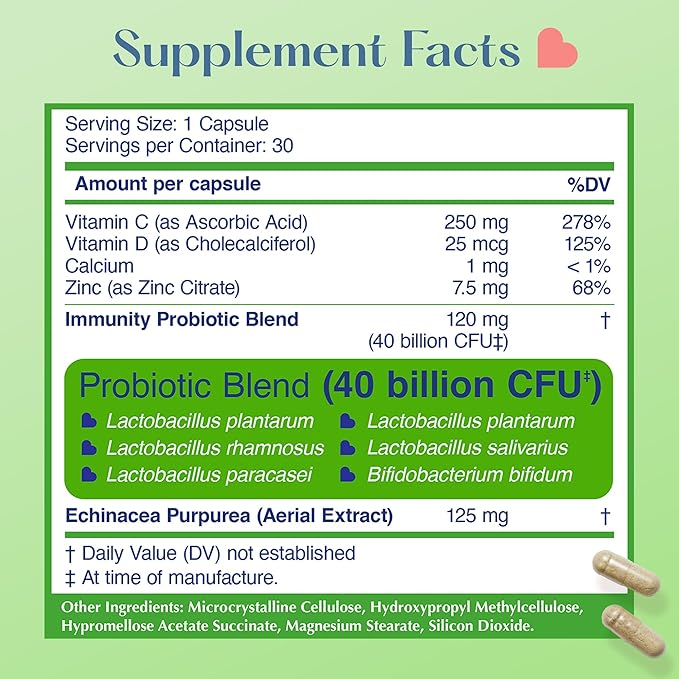 lovebug PROBIOTICS Immune Support Daily Probiotic for Men & Women, 40 Billion CFU & 6 Strains, Includes Vitamin C, Zinc & Echinacea, 30 Capsules, Vegan & Non-GMO