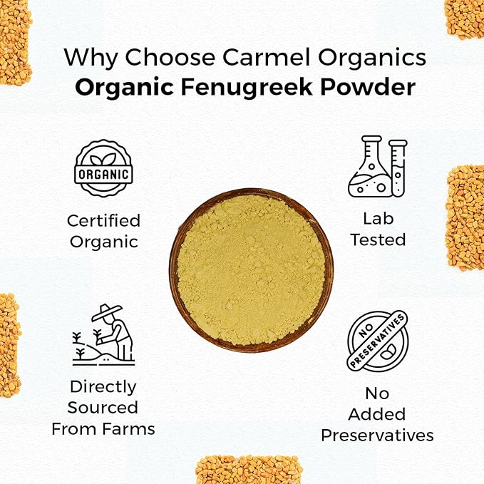 CARMEL ORGANICS Fenugreek |Methi Seeds (Powder, 8 Ounce or 0.5 Lbs)(Pack of 1) | USDA Certified Organic | Non-Gmo | No Added Preservatives | Indian Origin Fenugreek Seeds