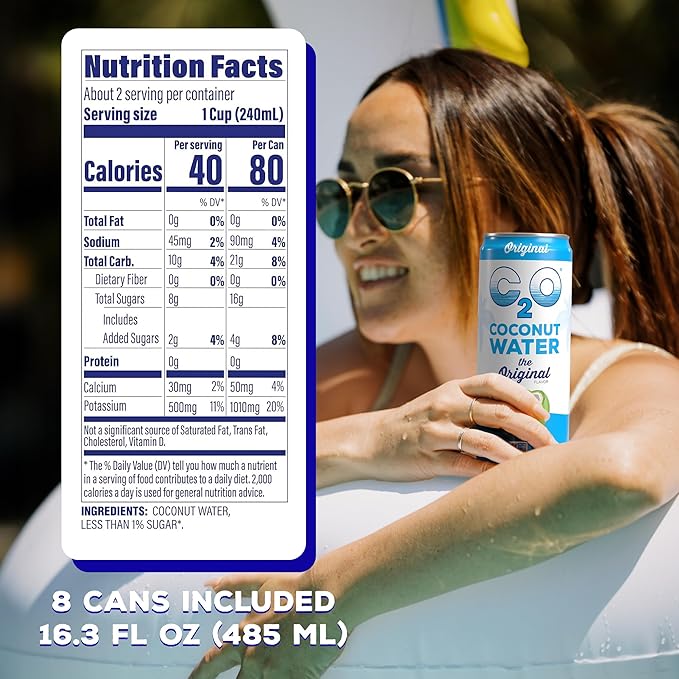 C2O - Coconut Water, The Original Flavor (8 Pack) - Made with Fresh Coconut Water - Plant Based - Non GMO - Canned Water - Natural Hydration, Essential Electrolytes, & Potassium - 8 Cans, 16.3 FL OZ