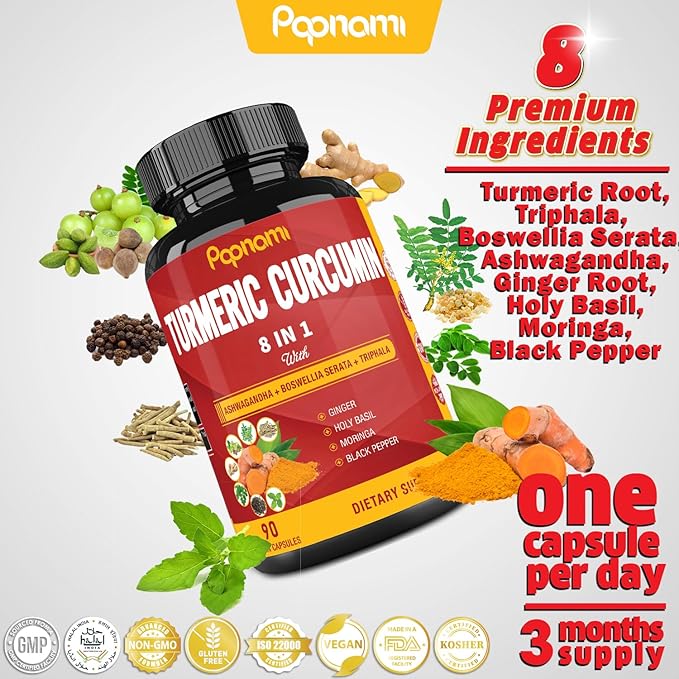 Turmeric Curcumin Extract Capsules - 90 Counts 3 Month Supply - Blended Ashwagandha, Moringa, Ginger & More - Immunity, Joint, Digestive & Wellness Support