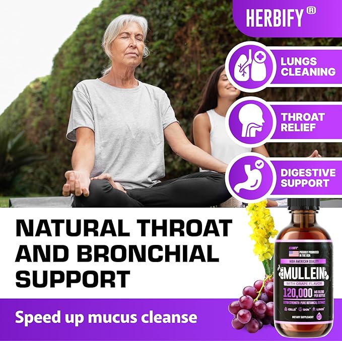 HERBIFY Mullein Drops - Lung Cleanse - Leaf Extract - Powerful Mullein for Immune Support,Detox & Respiratory Support - Made in USA - Herbal Supplements - 4 Oz Grape Flavor