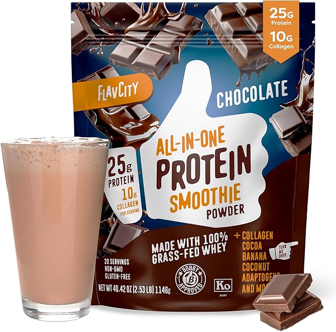FlavCity Grass Fed Whey Chocolate Protein Powder - 25g Protein & 10g Collagen - Made with Organic Cocoa, Bananas & Coconut Milk - Gluten Free & No Added Sugars (20 Servings)