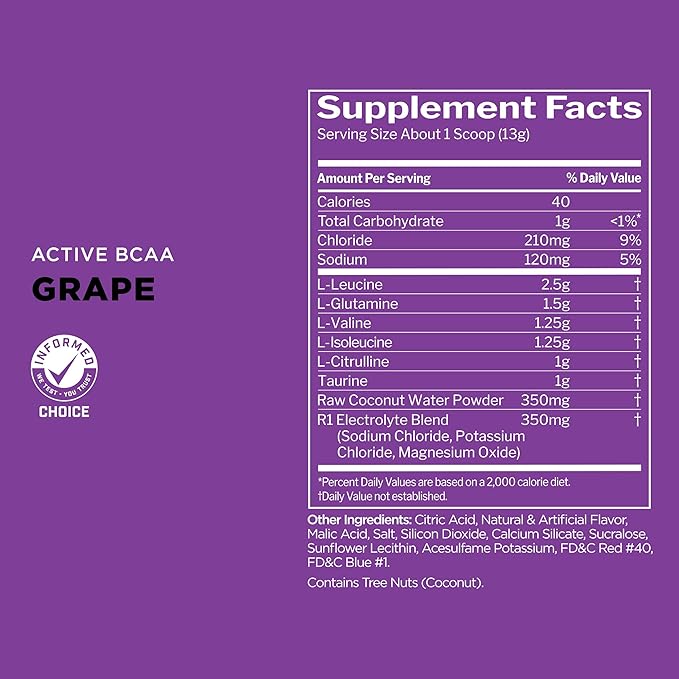 Rule 1 Active BCAA - Performance, Hydration, and Recovery Support with 5g BCAAs + Electrolytes, L-Glutamine, and Citrulline (30 Servings, Grape)
