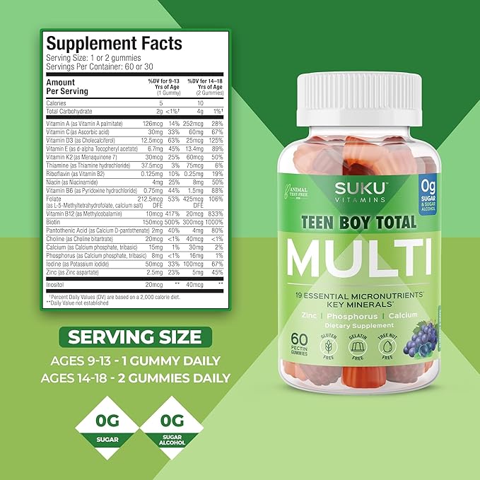 SUKU Teen Boy Multivitamin Gummies – Vitamins A, B12, C, D3, E, Zinc & Biotin – Sugar-Free Vegetarian Supplement for Energy, Growth, Immune & Bone Health – Grape Flavor – 60 Count