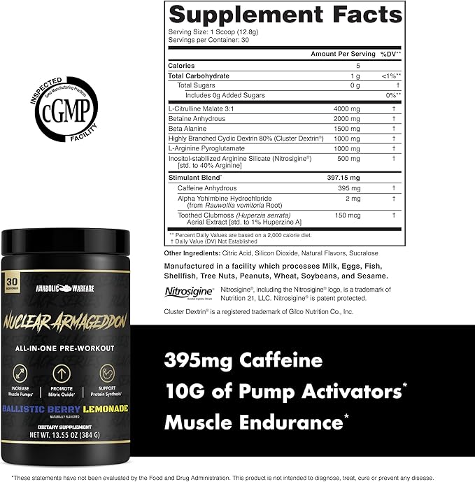 Anabolic Warfare Nuclear Armageddon Pre Workout Powder Pre-Workout for Men & Women with L-Citrulline, Beta Alanine Powder and Caffeine (Ballistic Berry Lemonade - 30 Servings)