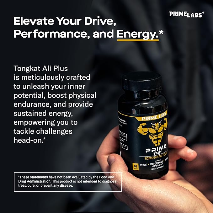 Prime Labs Tongkat Ali for Men - Plus Organic Black Maca Root and Tribulus Terrestris - Performance, Vitality, Energy - 60 Count