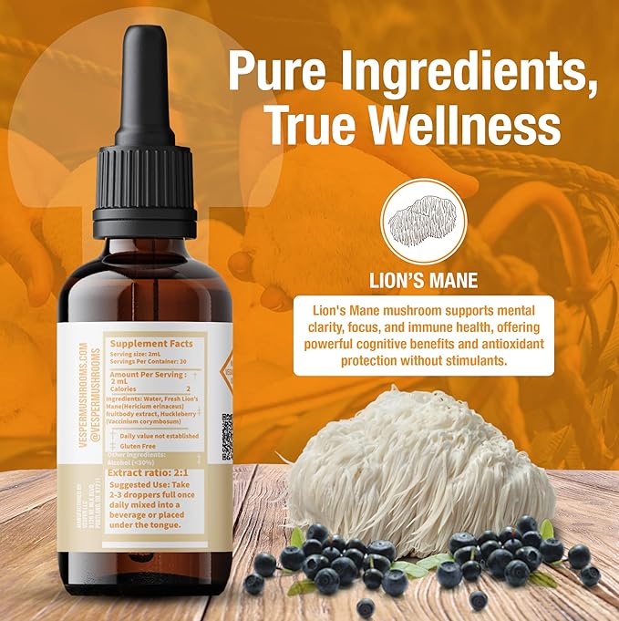 Vesper Lion’s Mane Mushroom Liquid Extract - Double Extraction with Wild Huckleberries for Brain Health, Cognitive Support, Focus & Immune Wellness, USA-Grown, for Clarity & Mental Performance – 2oz